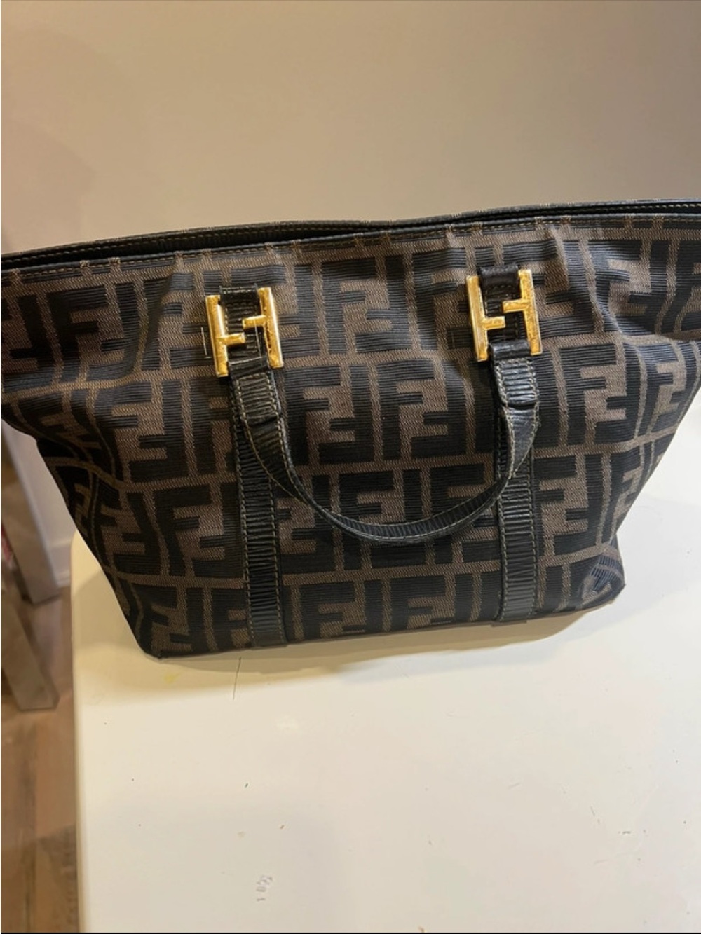 Fendi Brown and Black FF Logo Canvas Tote with Gold Hardware
